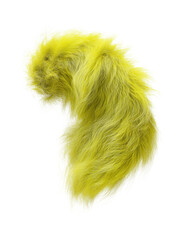 Bright yellow fluffy fur texture with long flowing strands in organic shape isolated on white background. Soft detailed macro close-up with smooth hair fibers 