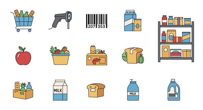 Grocery Shopping Icons - Cart, Scanner, Barcode, and Food Items.