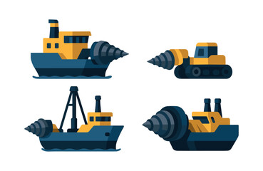 Drilling ship and excavator, marine, machines and construction, flat vector illustration