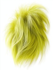 Bright yellow fluffy fur texture with long flowing strands in organic shape isolated on white background. Soft detailed macro close-up with smooth hair fibers 