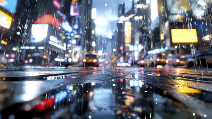 Vibrant city scene captured in rain, showcasing reflections on wet pavement, illuminated signs, and blurred vehicle lights