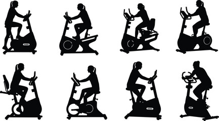 Flat design vector illustration of a young woman cycling on a stationary bike, active girl engaging in a cardio workout for health, fitness, and a happy lifestyle.