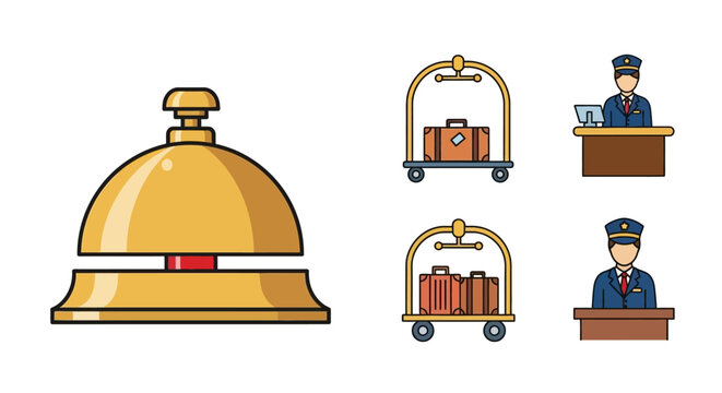 Hotel Service Icons - Bell, Luggage Cart, and Receptionist Illustrations.