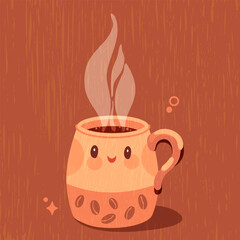 Cute smiling coffee mug with steam rising, drawn in warm textured  style. Cozy, friendly illustration perfect for caf&eacute; themes, autumn vibes and cute decorative designs.