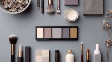 Stylish Makeup Flat Lay with Tools and Accessories on Grey Background