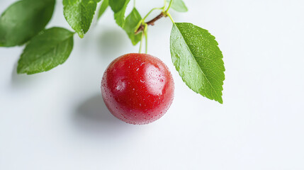 Vibrant red cherry plum with droplets of water rests light background, surrounded by fresh green leaves, evoking sense