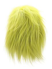 Bright yellow fluffy fur texture with long flowing strands in organic shape isolated on white background. Soft detailed macro close-up with smooth hair fibers 