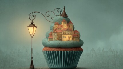 Whimsical Cupcake with Miniature Houses and Streetlamp at Dusk