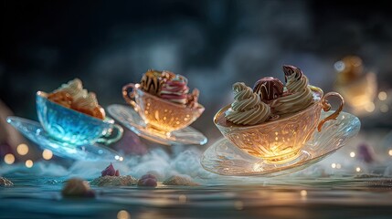 Whimsical Floating Teacups with Colorful Swirls of Creamy Frosting