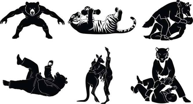 Wild Athletes: Vector Graphic Set Featuring Animals in Jiu-Jitsu, Grappling, and Weightlifting Training.