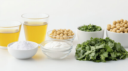 Fresh ingredients including oil, chickpeas, yogurt, and cilantro arranged neatly white background evoke sense of healthy