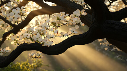 Sunlit dogwood blossoms cling to dark branches, a burst of spring amidst the light. Serene and delicate, the scene evokes calm and natural beauty. Spring's embrace.