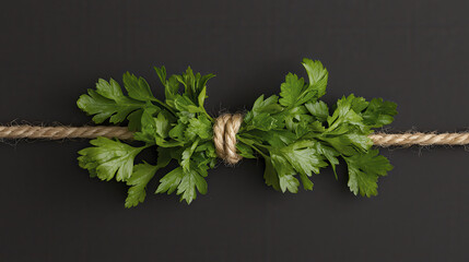 Fresh parsley tied with rope creates rustic and natural arrangement, perfect for culinary presentations