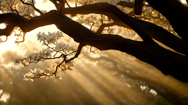 Sunlight streams through blossoms on tree branches, a tranquil scene of nature's beauty with sunlight filtering through the branches of a flowering tree, creating a serene and golden atmosphere. - Powered by Adobe