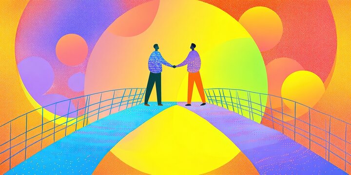 Two people shake hands on a colorful bridge during a sunny day in a vibrant landscape full of shapes and colors