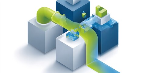 Fototapeta premium Water flows through a modern urban landscape with cubes and a green pipe during a bright day