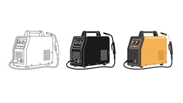 Set of three welding machines or inverters in different styles outline, silhouette, and color illustration