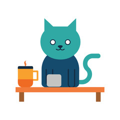 Cute Cat Enjoying Coffee Break Near Desk in Modern Minimal Workspace