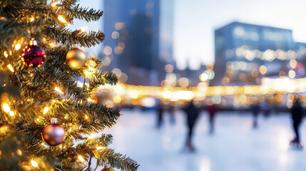 Beautifully lit Christmas tree adorned with ornaments stands in bustling city square, creating festive atmosphere