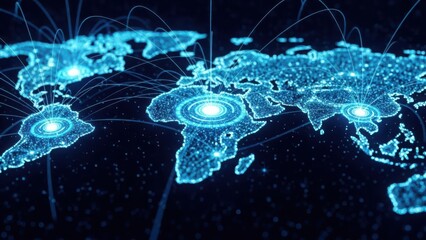 Global digital network connecting continents with bright light pulses, representing data flow and communication across the world.