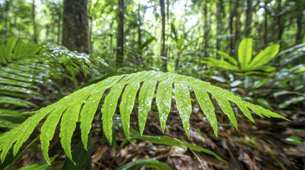 Lush green fern leaf with dewdrops in tropical rainforest, showcasing nature beauty and freshness