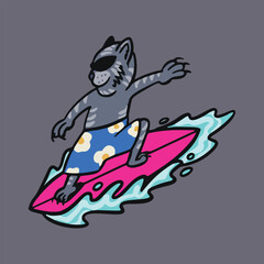 cat surfing in pink board vector style design for brand print