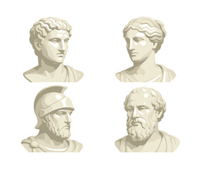 Obraz premium Classical sculptures collection, ancient busts, roman greek art, flat vector illustration