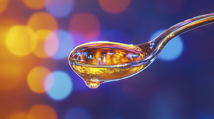 Macro photo of drop of honey on spoon, showcasing vibrant colors and blurred background, evokes sense of sweetness and warmth