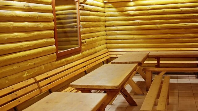 Bench Dining Area With Tables, Inside Warm Cabin Communal Room, Wooden Benches And Long Tables, Wall Mirror And Soft Yellow Lighting, Retreat Meeting Or Family Gathering Setup, Rustic Hospitality