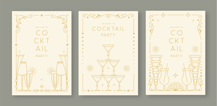 Set of line art retro cocktail party posters with cocktail and champagne glasses. Holiday frames. Vector illustration