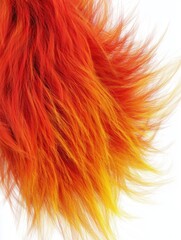 Close-up of soft fluffy fur texture in vivid orange and yellow tones with long flowing strands and natural gradient, isolated on white background, macro 3D render.
