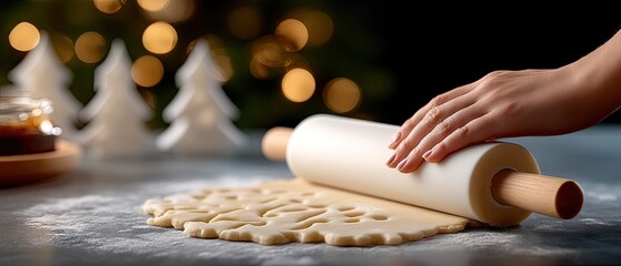 Preparing holiday cookie dough with festive decorations and soft light in the background during winter season