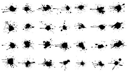 Grunge ink splatter. Splash of paints, spray drops staining and frame with wet paint drop traces  set. Illustration splash and drip design, silhouette blob spray collection
