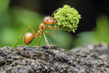 Macro shot of ant carrying food, showcasing intricate details and vibrant colors in nature