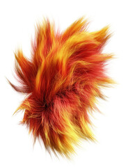 Fluffy fur organic shape in vivid orange and yellow tones isolated on white background. Realistic soft faux fur texture with long dynamic strands and gradient fiery coloration..