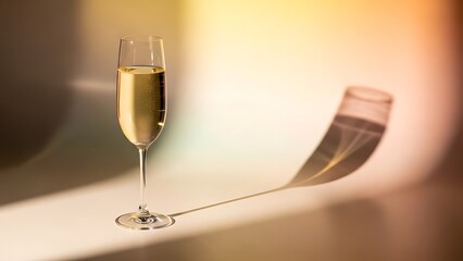Elegant champagne glass with sparkling wine casting long shadow on beige background.