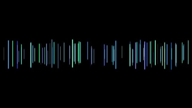 a visual representation of an audio waveform or a music visualizer. has a dark background with neon-colored vertical bars in shades of blue, green, and purple. 