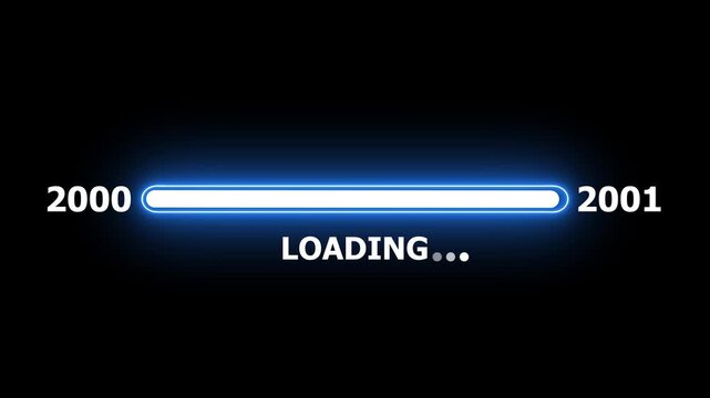 New year 2001 loading bar animation Year changing from 2000 to 2001. Loading bar from 2000 to 2001 new year transfer animation. Almost reaching New Year on black background.