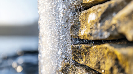 Close up view of ice forming stone surface, showcasing intricate details of frost and water droplets. image captures beauty