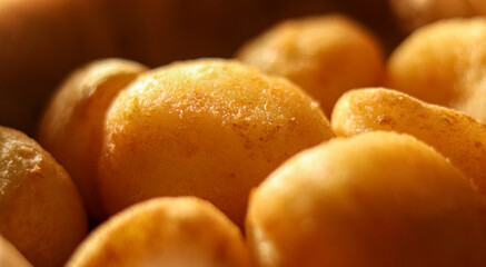 Roasted potatoes close up with golden crispy skin, a savory side dish cooking and warming from natural light
