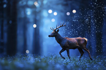 Magical deer galloping through mystical forest with sparkling lights and serene atmosphere