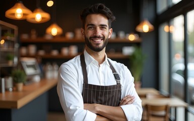 Successful small business owner standing with crossed arms with his trendy cafe in background.?reated with Generative AI technology. High quality