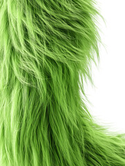 Close-up of smooth fluffy fur in bright green color with long soft strands and natural flowing texture, isolated on white background, macro 3D render..