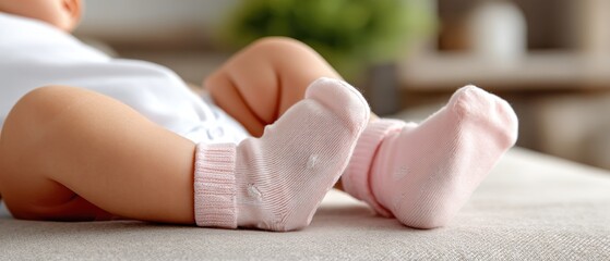 Cute baby feet in pink socks relaxing on a soft surface with blurred background decor in a cozy home setting