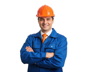 Smiling male construction worker wearing blue uniform and orange hard hat with arms crossed isolated on transparent background