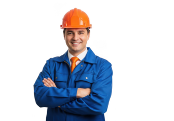 Smiling male construction worker wearing blue uniform and orange hard hat with arms crossed isolated on transparent background