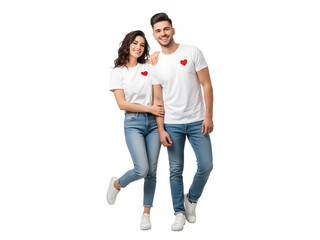 Joyful young couple wearing casual white t-shirts with subtle red heart designs and denim jeans standing together, exuding happiness and affection for relationship and romance themes