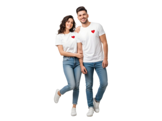 Joyful young couple wearing casual white t-shirts with subtle red heart designs and denim jeans standing together, exuding happiness and affection for relationship and romance themes