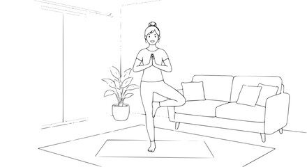 A woman is practicing yoga in a living room, balancing in a tree pose on a yoga mat.