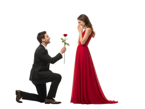 Handsome man in a formal suit kneels to offer a vibrant red rose to a beautiful, happy woman in an elegant flowing red gown, celebrating a joyful romantic proposal or special loving commitment moment. - Powered by Adobe